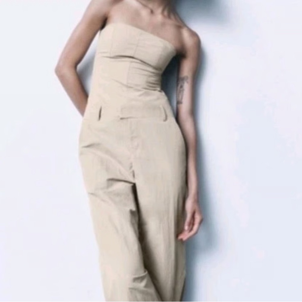 Zara Tan Strapless Jumpsuit with Wide-Leg Design